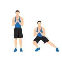 Man doing Bodyweight Side steps. Lateral Lunges workout in 2 steps. Flat vector illustration isolated on white background