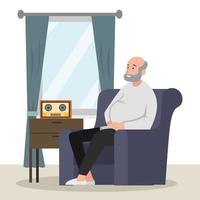Old man sitting on couch looking out to window and listening to a radio. Flat vector illustration