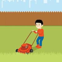 Vector illustration of a boy cutting grass with lawn mower isolated on white background. Cute kid doing garden work. Spring gardening activity picture with funny character