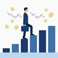 Man is climbing career ladder. Concept of business development. Stock market investor. Vector illustration flat design. Isolated on white background. Step by step.