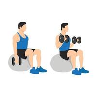 Man doing exercise Swiss ball bicep curls with dumbbell. Flat vector illustration isolated on different layer. Workout character