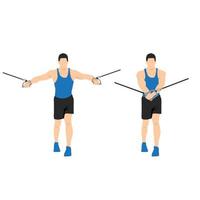 Man doing Standing cable crossover press. cable flies exercise. Flat vector illustration isolated on white background. Workout character