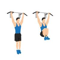 Man doing hanging knee leg raises. Abdominals exercise. Flat vector illustration isolated on white background. Editable file with layers