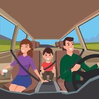 family driving to a road trip. View from interior of the car with father,mother, and their son sitting happily wearing seatbelt. Flat vector illustration