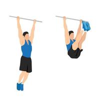 Man doing hanging leg raises to bar flat vector illustration. Abdominals exercise isolated on white background