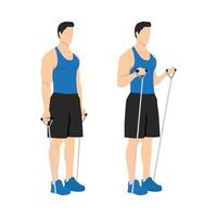 hombre haciendo ejercicios de curl de bíceps con banda de resistencia. entrenamiento de brazos ilustración vectorial plana de un hombre de fitness aislado en fondo blanco vector