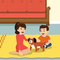 niños niño y niña jugando con su perro en la sala de estar. arte de ilustración de vector plano con sofá en el fondo
