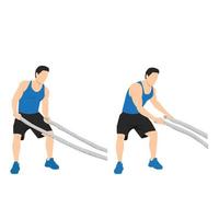 Man doing battle rope side to side swings exercise. Flat vector illustration isolated on layers. Workout character
