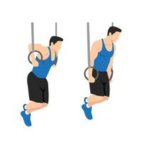 Gymnastic ring dips exercise. Flat vector illustration isolated on white background. Workout character