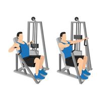 Hammer strength machine. Seated chest press exercise. Flat vector illustration isolated on white background. Workout character