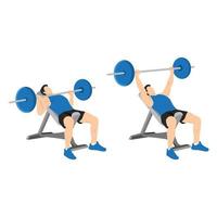 Man doing incline barbell bench press exercise. Flat vector illustration isolated on white background. Workout character