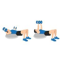 Man doing bosu ball chest dumbbell flyes,flies. Flat vector illustration isolated on white background