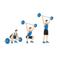 Man doing Barbell snatch. Step by step. Flat vector illustration isolated on white background