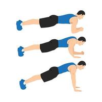 Man doing plank to push ups movement. walking plank up-downs. abs exercise flat vector illustration isolated on white background