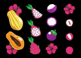 Set of exotic fruits, hand-painted lychee, mangosteen, papaya and pitaya in a flat style. Whole fruit, halves and small pieces. Bright hibiscus flower. Exotic on a black background