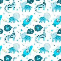 Seamless Pattern. Dinosaurs dream of space, stars and planets. Animals are astronauts. Children's themes. Dinosaurs dreaming. Vector is made in a flat style. Suitable for textiles and packaging.