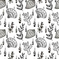Seamless pattern, hand-drawn sea creatures in sketch style. Shells, coral and seaweed. Monochrome palette. Reef. White background. Isolated. Summer. Ocean. Flat design. Vector illustration