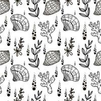 Seamless pattern, hand-drawn sea creatures in sketch style. Shells, coral and seaweed. Monochrome palette. Reef. White background. Isolated. Summer. Ocean. Flat design. Vector illustration