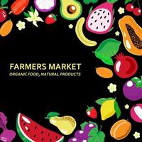 Banner for the farmer's fair. Vegetables and exotic fruits with lettering and space for text. Watermelon, strawberry, cherry, banana, lime, papaya, etc. Hand-drawn elements in a flat style vector