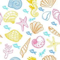 Seamless background with sea creatures, hand-drawn in sketch style. Shells, seaweed and small fish. Ocean. Sea bottom on white background. Pastel palette. Summer sea background vector