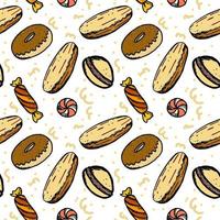 A seamless pattern of sweet pastries, hand-drawn cartoon style doodles. Sweets made of donuts, candy, eclairs and lollipops. Dessert. Sweets vector