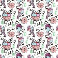 Seamless pattern of different ice cream, hand-drawn doodles. Bright colors. Cartoon style. Ice cream in a cone, on a stick and in a bowl. Tropics. Summer vector