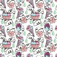 Seamless pattern of different ice cream, hand-drawn doodles. Bright colors. Cartoon style. Ice cream in a cone, on a stick and in a bowl. Tropics. Summer vector