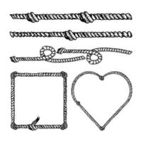 Nautical rope vector dividers and elements, hand-drawn doodle in sketch style. Vintage border frame design illustration. Decorative nautical jute frame illustration