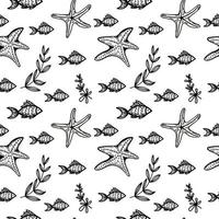 Seamless pattern, hand-drawn sea creatures in sketch style. Starfish, fish and seaweed. Monochrome palette. Reef. White background. Isolated. Summer. Ocean. Flat design. Vector illustration