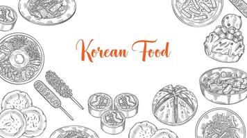 colección de comida coreana o coreana con boceto dibujado a mano para el póster de plantilla de banner de fondo vector