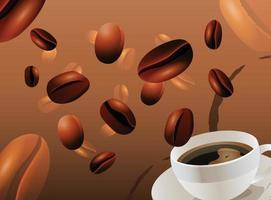 granos de café realistas y una taza de café vector