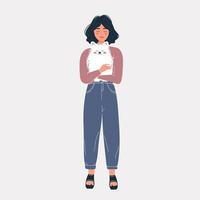A cute girl is holding a doggie in her hands. The concept of loving a pet. Spitz. vector