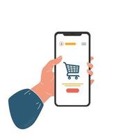 Mobile shopping, hand with phone, shopping basket on screen, flat design, isolated on white background vector