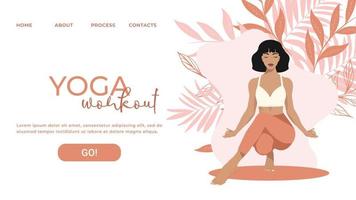 plantilla de página web para escuela de yoga, estudio. diseño moderno para un sitio web. mujer haciendo un ejercicio de yoga, pose de yoga. en colores pastel. vector