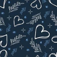 Abstract seamless pattern in a doodle style, drawings of hearts, leaves, stars on a blue background. vector