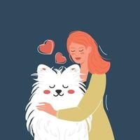 A girl cuddles her beloved samoyed dog. Cute white fluffy dog. The concept of love for pets. vector
