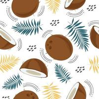 Seamless pattern with coconut and palm leaves and abstract elements, isolated on a white background. Whole coconut and slice. Vector illustration in cartoon flat style.