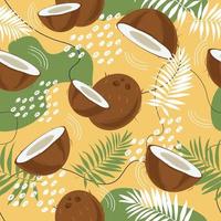 Seamless pattern with coconut, palm leaves and abstract elements. Half coconut. Summer and paradise background. Wallpaper, print, wrapping paper, modern textile design, banner, poster. vector