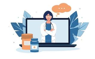 Online medicine, health care, medical diagnostics. Illustration of a smiling woman doctor from a laptop in flat style. vector