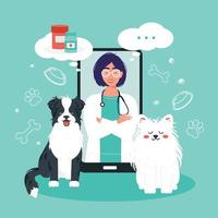 Telephone appointment with a veterinarian. Illustration of a female vet on a smartphone screen with dogs at an online consultation. Modern healthcare technology vector