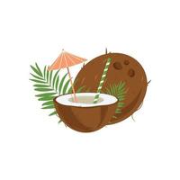 cóctel de piña colada en coco y paraguas, flores tropicales. ilustración vectorial en estilo de dibujos animados. vector