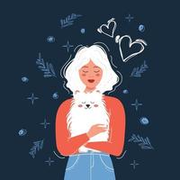 A cute girl with white hair cuddles and holds her pet dog Spitz in her arms. Love for animals. Vector illustration