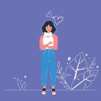 A woman cuddling her pet Spitz dog, holding her in her arms. Love for pets. Vector illustration.