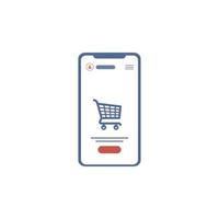 compras móviles, ilustración de teléfono, cesta de compras en pantalla, diseño plano, aislado en fondo blanco vector