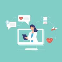 Illustration with a doctor on a monitor diagnosing and prescribing treatment. The concept of online medicine. Consultation with a doctor online. vector