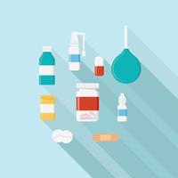 Cute cartoon lying on a table medication, pills, syrups, capsules, nasal drops, patch, syringe, medical supplies. Vector illustration of health and medical concept design