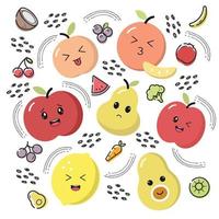 Cute cartoon fruits and vegetables with funny kawaii faces. Orange, banana, apple, pear, peach, grape, blueberry, watermelon, avocado, lemon, broccoli, Isolated vector illustration set.