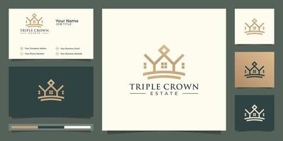 Triple Crown Estate, minimum line logo. Creative unique concept, premium logo and business card.Premium Vector