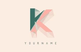 Wireframe K Letter Logo Design in two colors. Creative vector illustration with wired, mirrored outline frame.