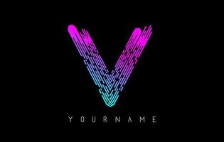 Vibrant pink and blue V letter logo concept. Creative minimal monochrome monogram with lines and finger print pattern. vector